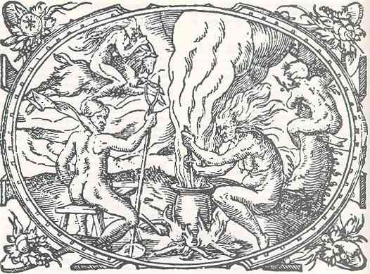 Onbekend 1582 heksensabbat Witches stirring up brew in caldron. From Abraham Saurs Ein Kurtze Treue Warning